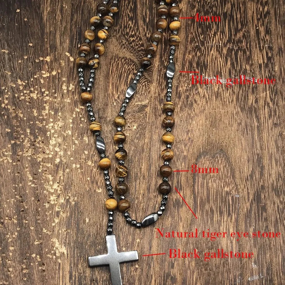 Men's stone cross pendant necklace on an 80cm ball bead chain with a safety lock.