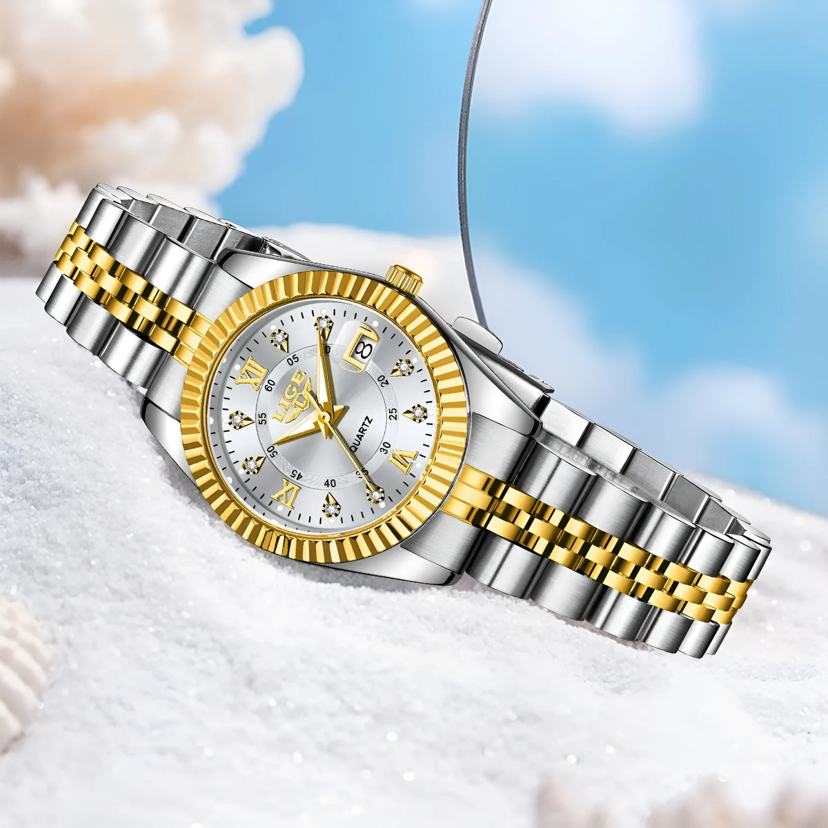 Women's waterproof fashion quartz watch in gold white colour with 10mm thickness.