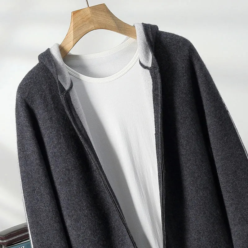 Men's dark blue cashmere half-high collar zipper cardigan sweater with long sleeves