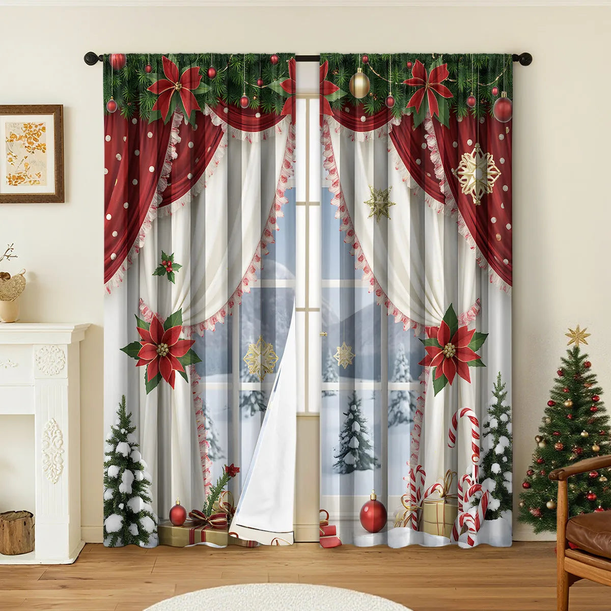 A pair of 3D digitally printed Christmas curtains with festive patterns, made from polyester fabric.