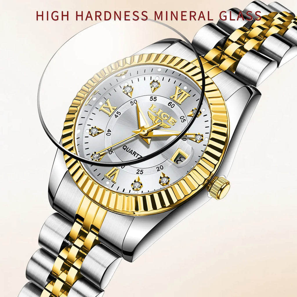 Women's waterproof fashion quartz watch in gold white colour with 10mm thickness.