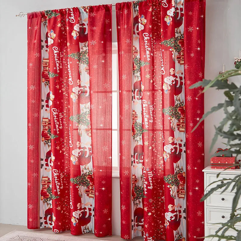 American-style rectangular polyester curtain with Christmas print patterns in red and blue colour schemes