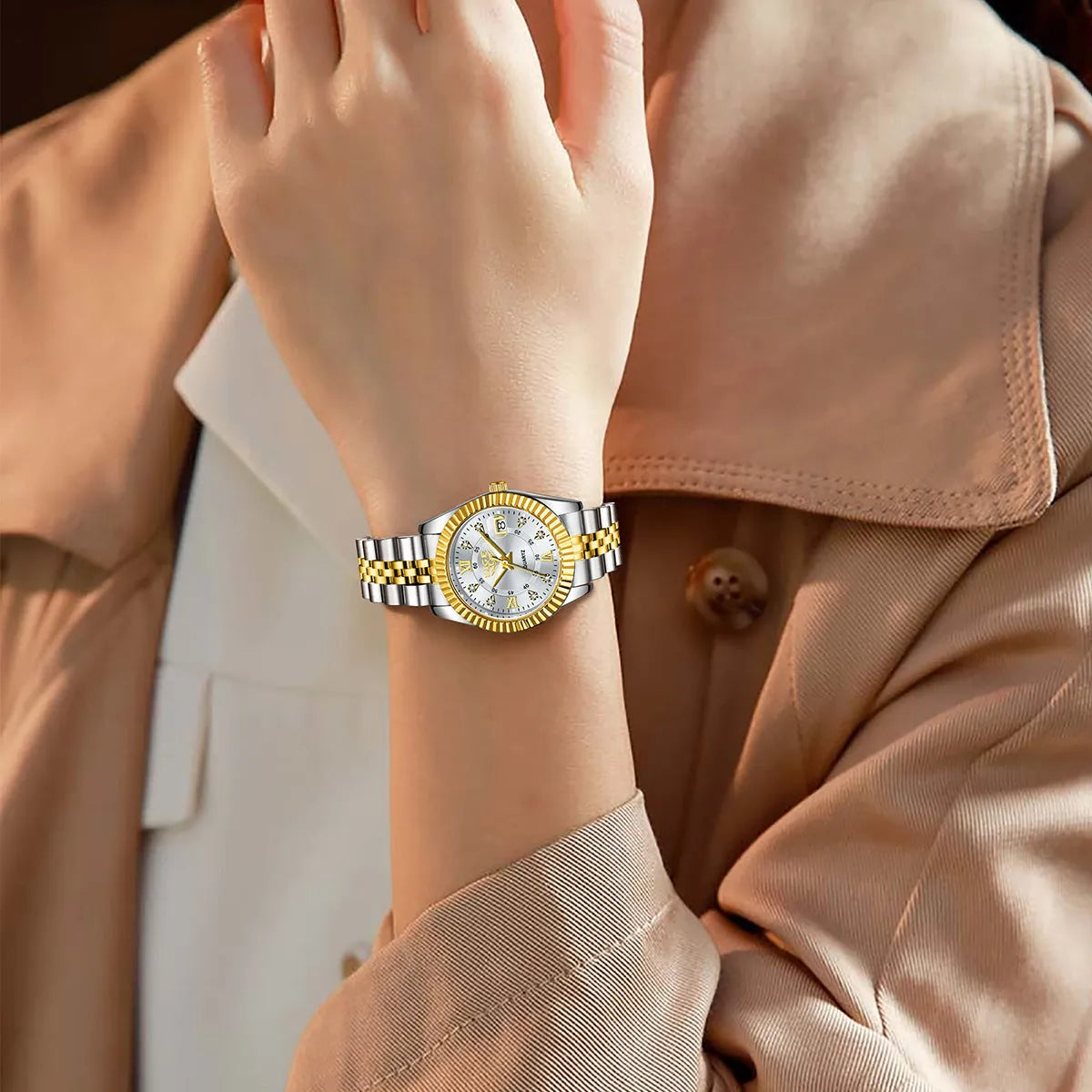 Women's waterproof fashion quartz watch in gold white colour with 10mm thickness.