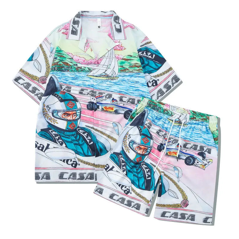 Plaid pattern beach outfit set with short sleeve shirt and matching shorts on mannequin
