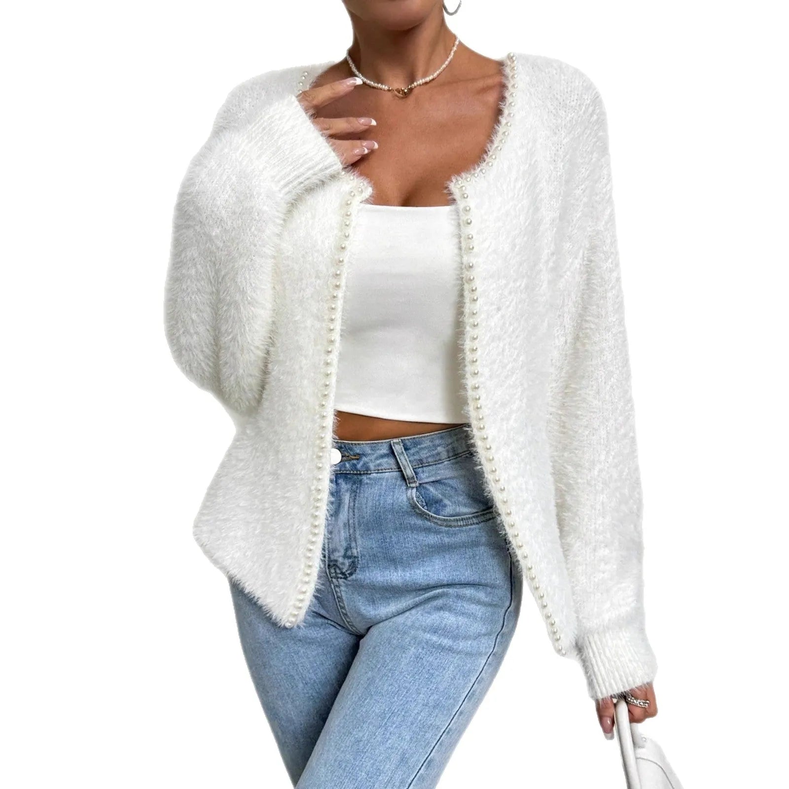 Women's white V-neck cardigan sweater in medium thickness polyester knitwear