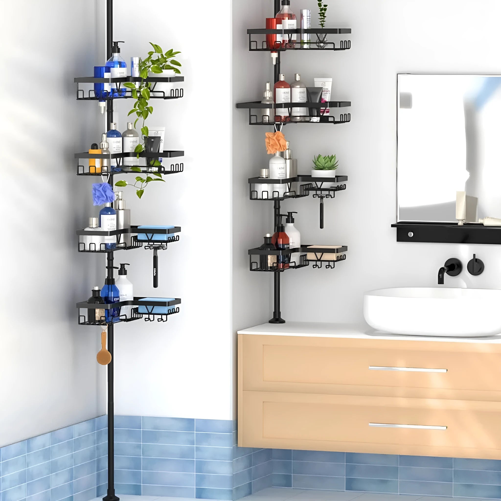 4 layer retractable stainless steel bathroom storage rack with hole-free installation