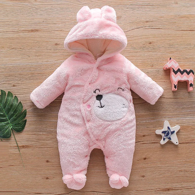 Cartoon bear velvet romper thickened long sleeve baby jumpsuit in white khaki pink grey