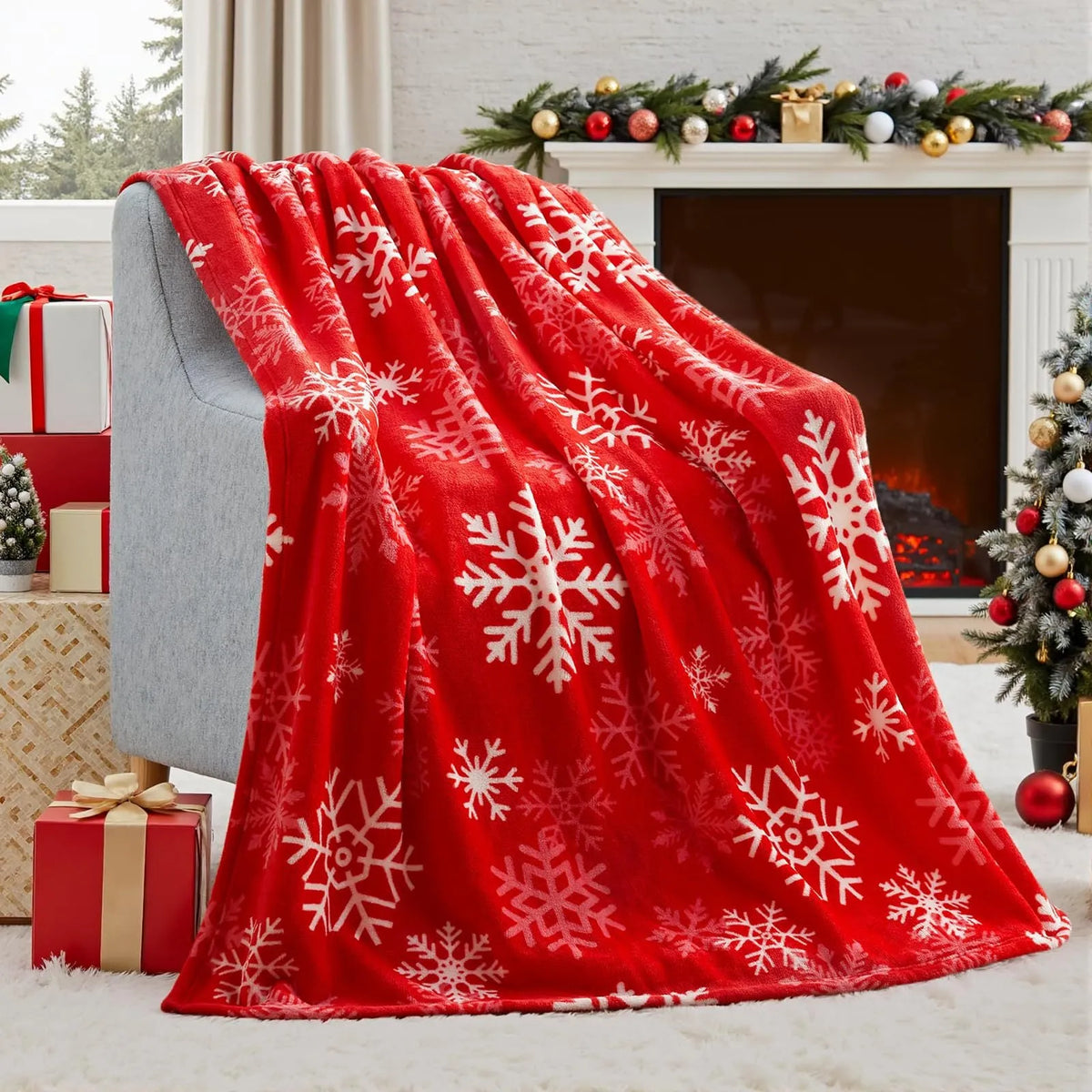 Soft polyester flannel Christmas blanket in American style with plush texture, showing available colour options