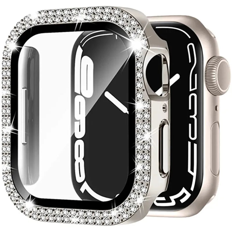 Apple Watch case with double diamond glass peep-proof screen protector in rose gold colour for a 44mm model.