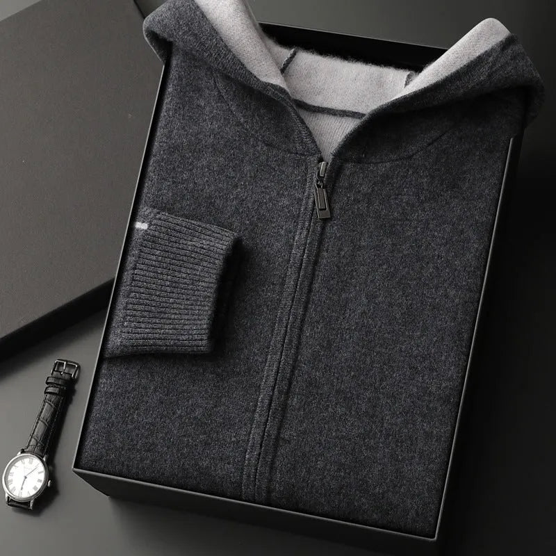 Men's dark blue cashmere half-high collar zipper cardigan sweater with long sleeves