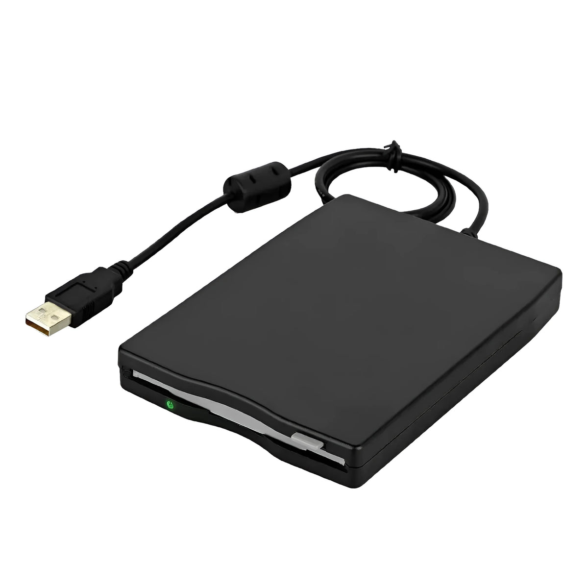 Black external USB 3.5-inch floppy disk drive on a desk for reading diskettes