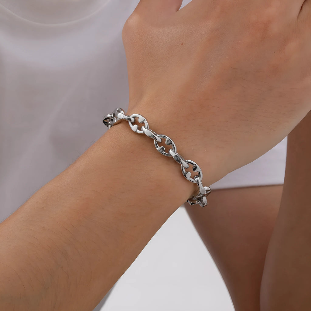 Men's stainless steel thick chain bracelet with geometric design and steel colour finish