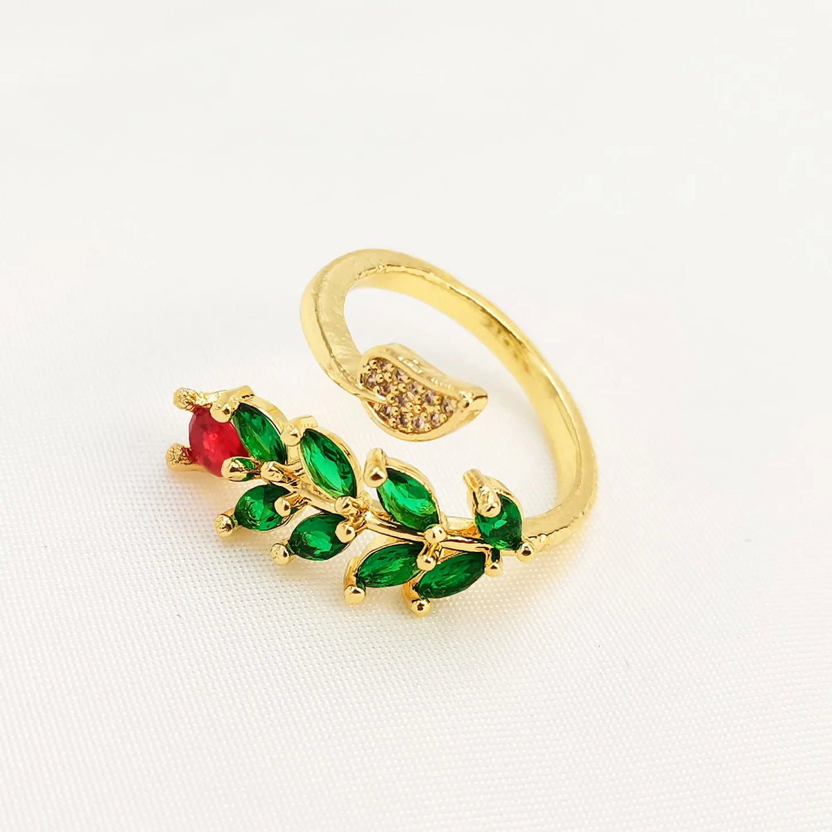 Gold plated copper geometric open ring with zircon leaf design and adjustable sizing