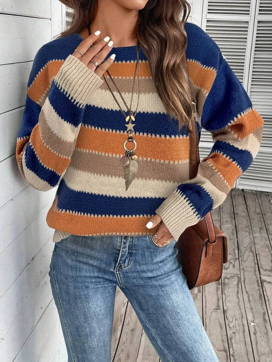 Women's colourblock striped pullover sweater in polyester for autumn and winter.