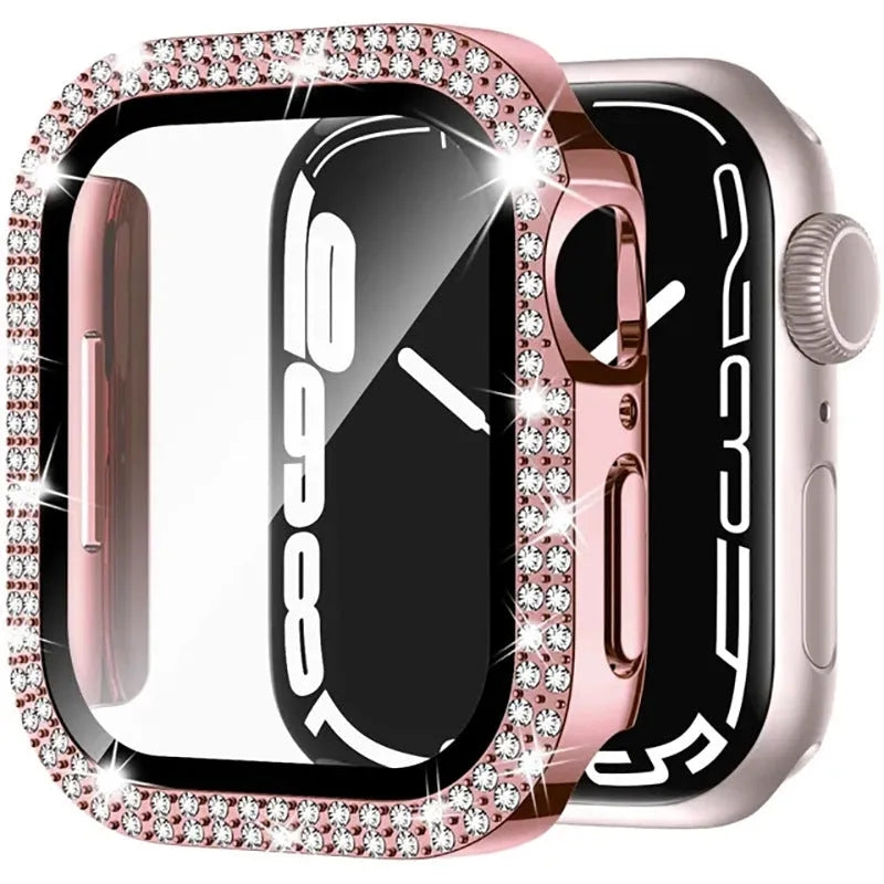 Apple Watch case with double diamond glass peep-proof screen protector in rose gold colour for a 44mm model.