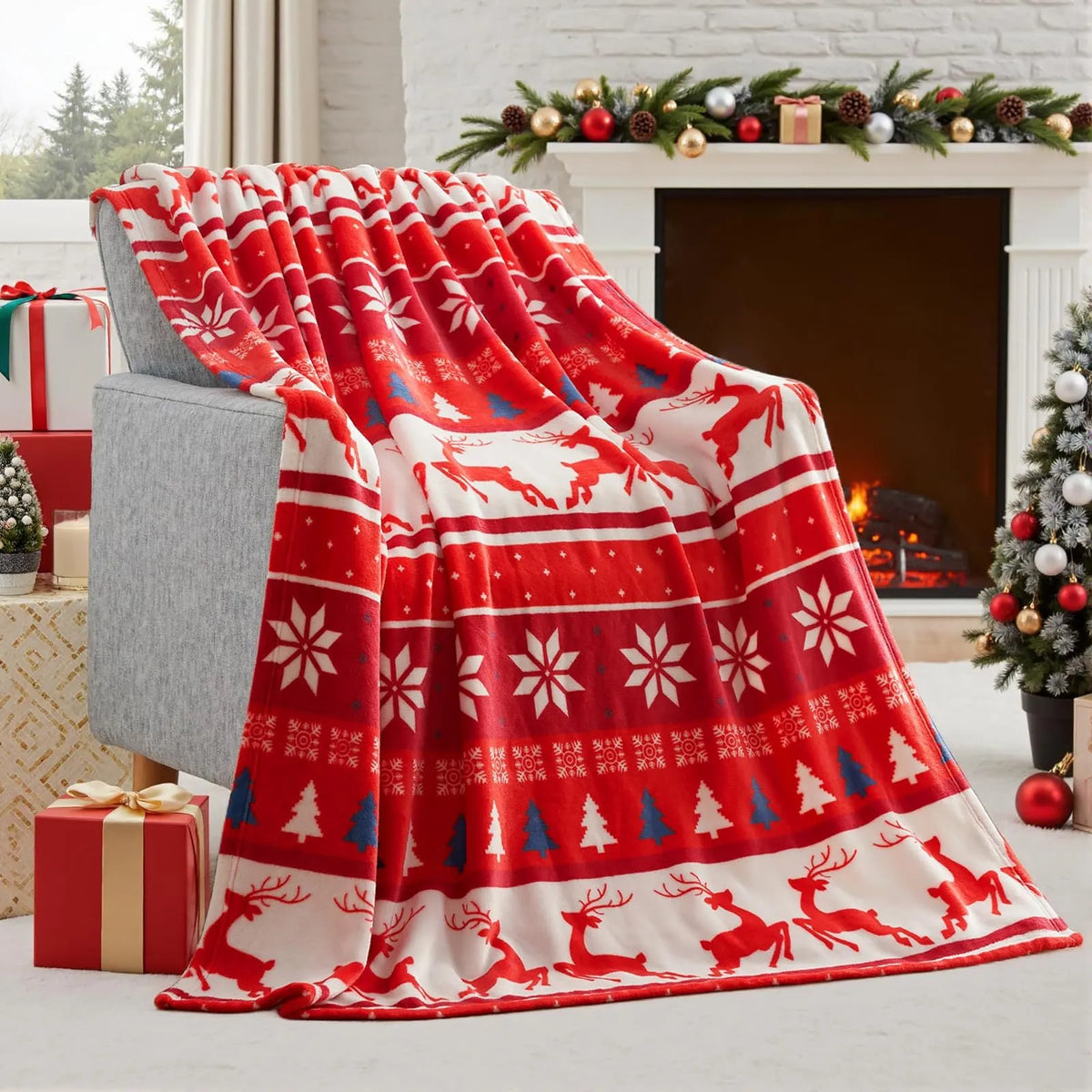 Soft polyester flannel Christmas blanket in American style with plush texture, showing available colour options