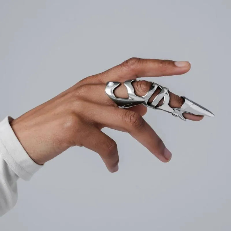 Silver punk armour style finger cover ring made from alloy for alternative fashion jewellery