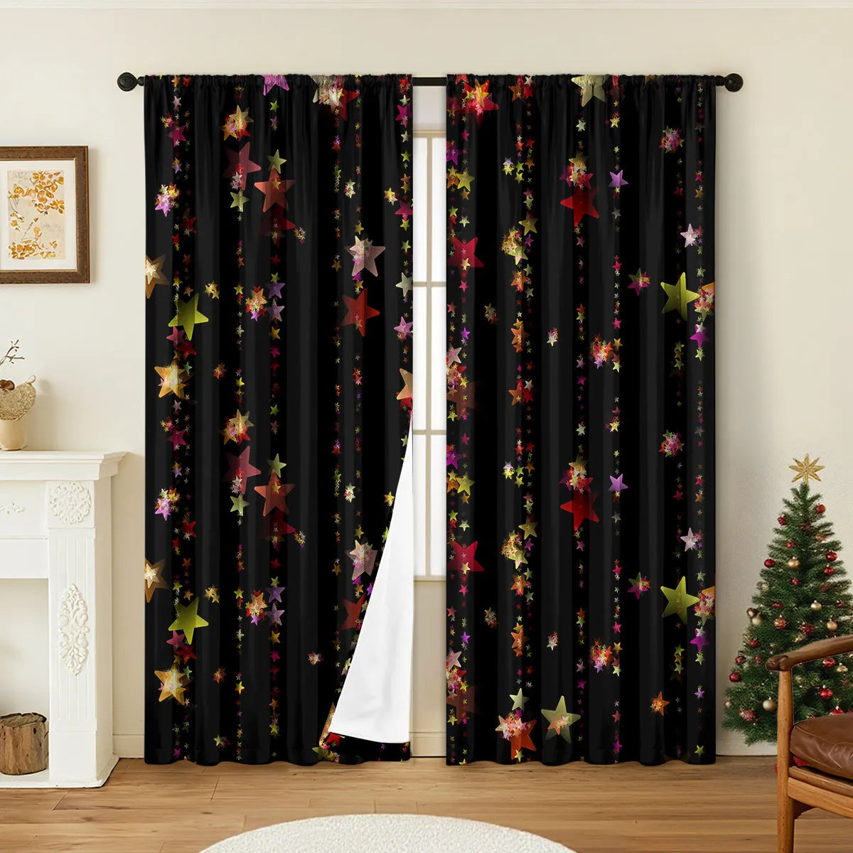 A pair of 3D digitally printed Christmas curtains with festive patterns, made from polyester fabric.