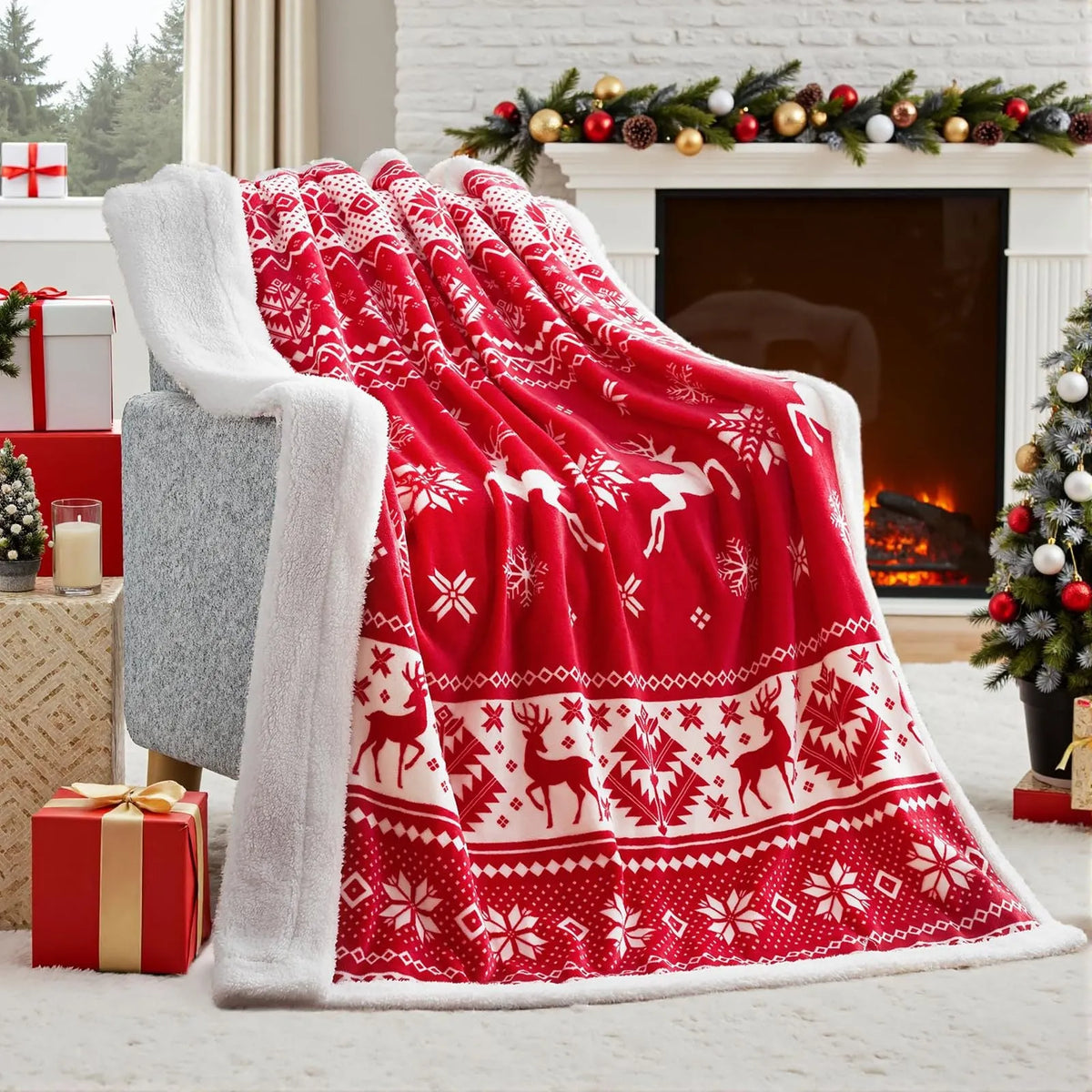 Soft polyester flannel Christmas blanket in American style with plush texture, showing available colour options