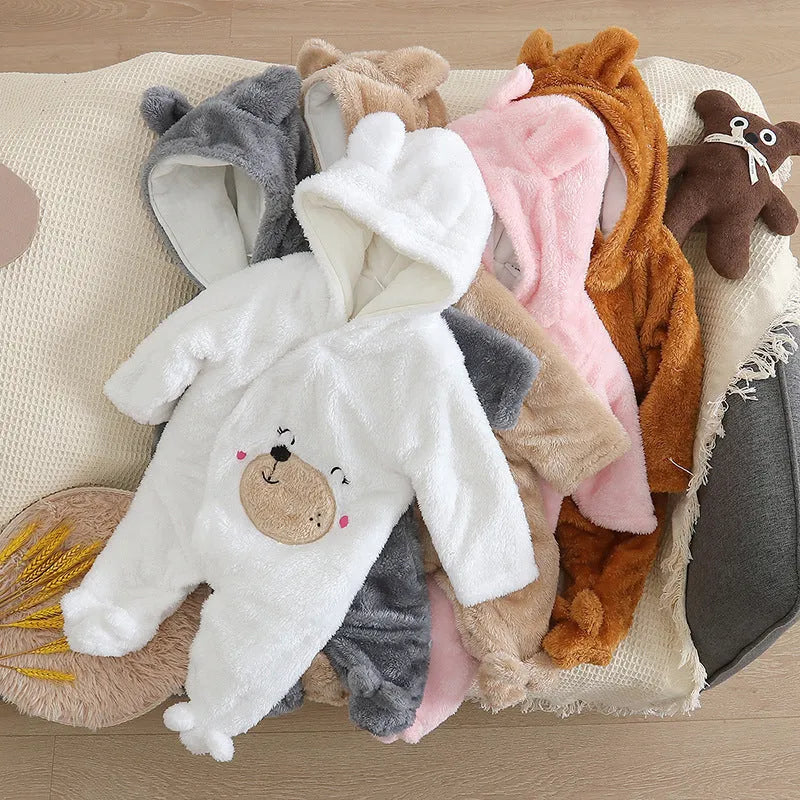 Cartoon bear velvet romper thickened long sleeve baby jumpsuit in white khaki pink grey