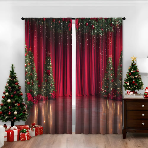A pair of 3D digitally printed Christmas curtains with festive patterns, made from polyester fabric.