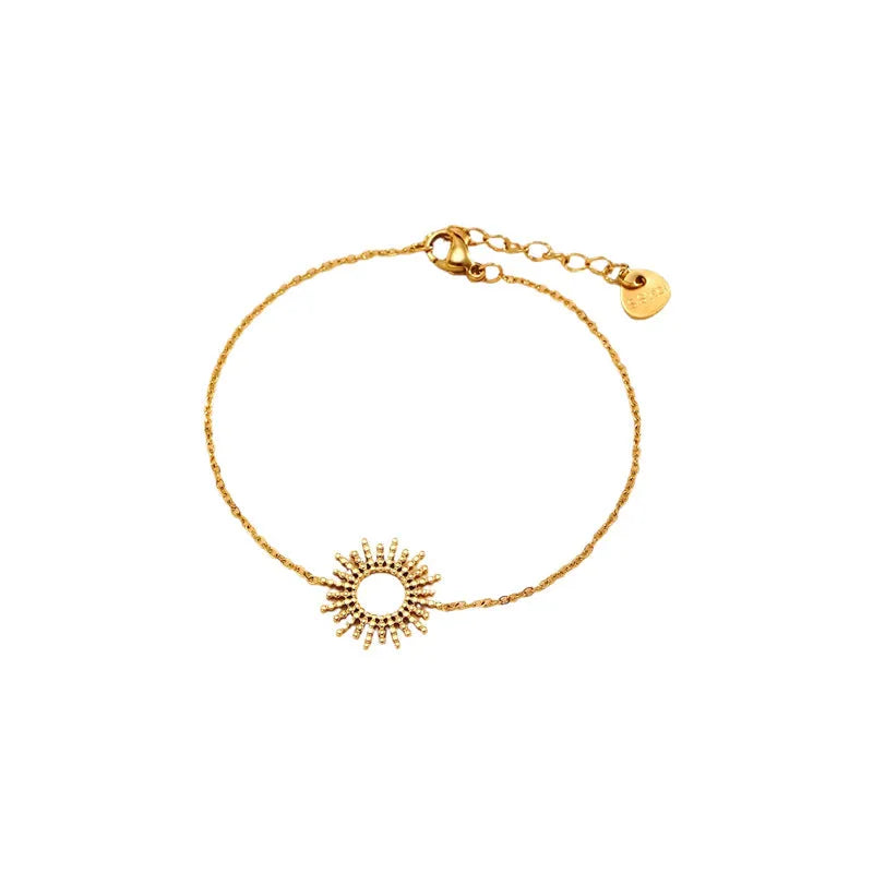 Gold-tone geometric chain necklace and bracelet set with sunflower design on stainless steel