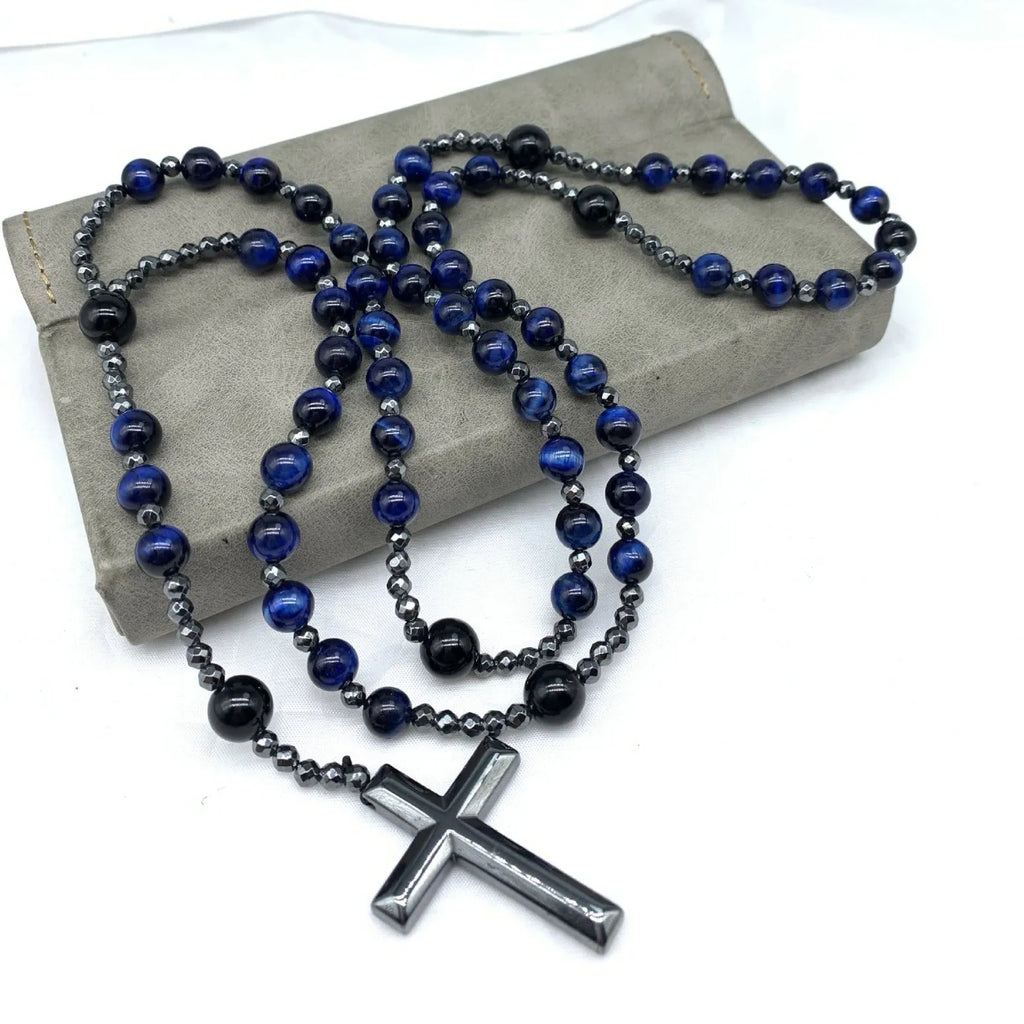 Men's stone cross pendant necklace on an 80cm ball bead chain with a safety lock.