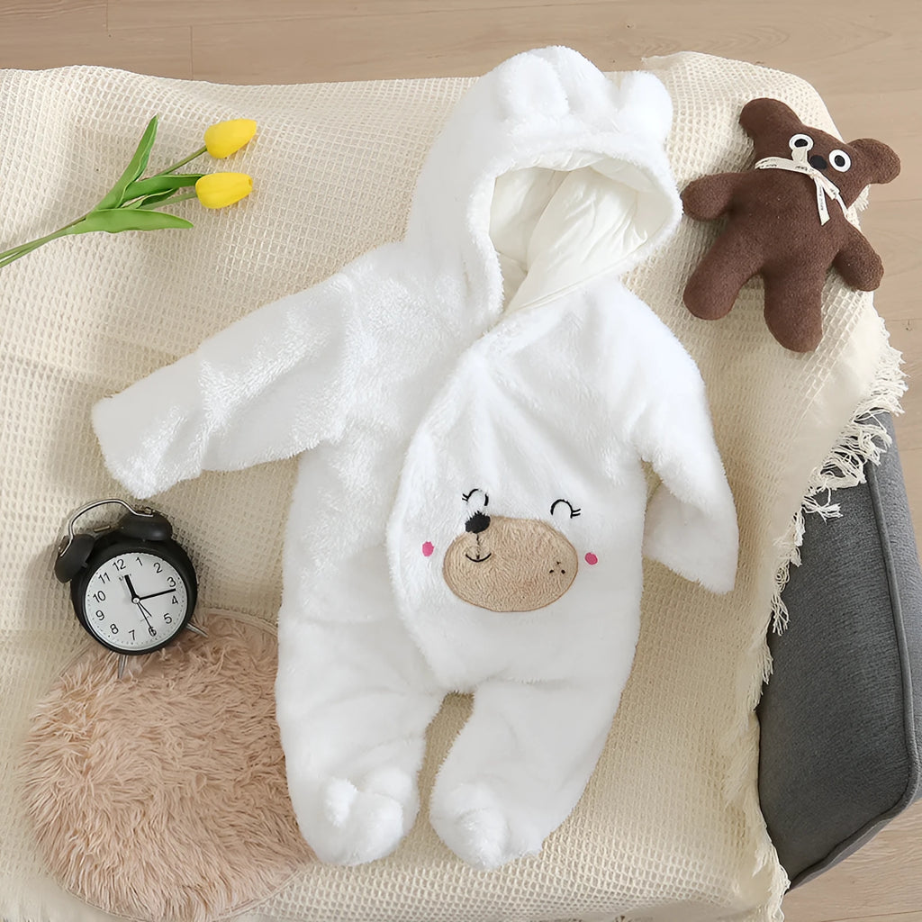 Cartoon bear velvet romper thickened long sleeve baby jumpsuit in white khaki pink grey