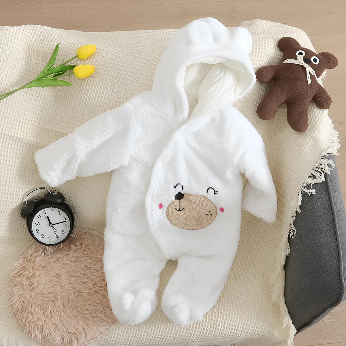 Cartoon bear velvet romper thickened long sleeve baby jumpsuit in white khaki pink grey
