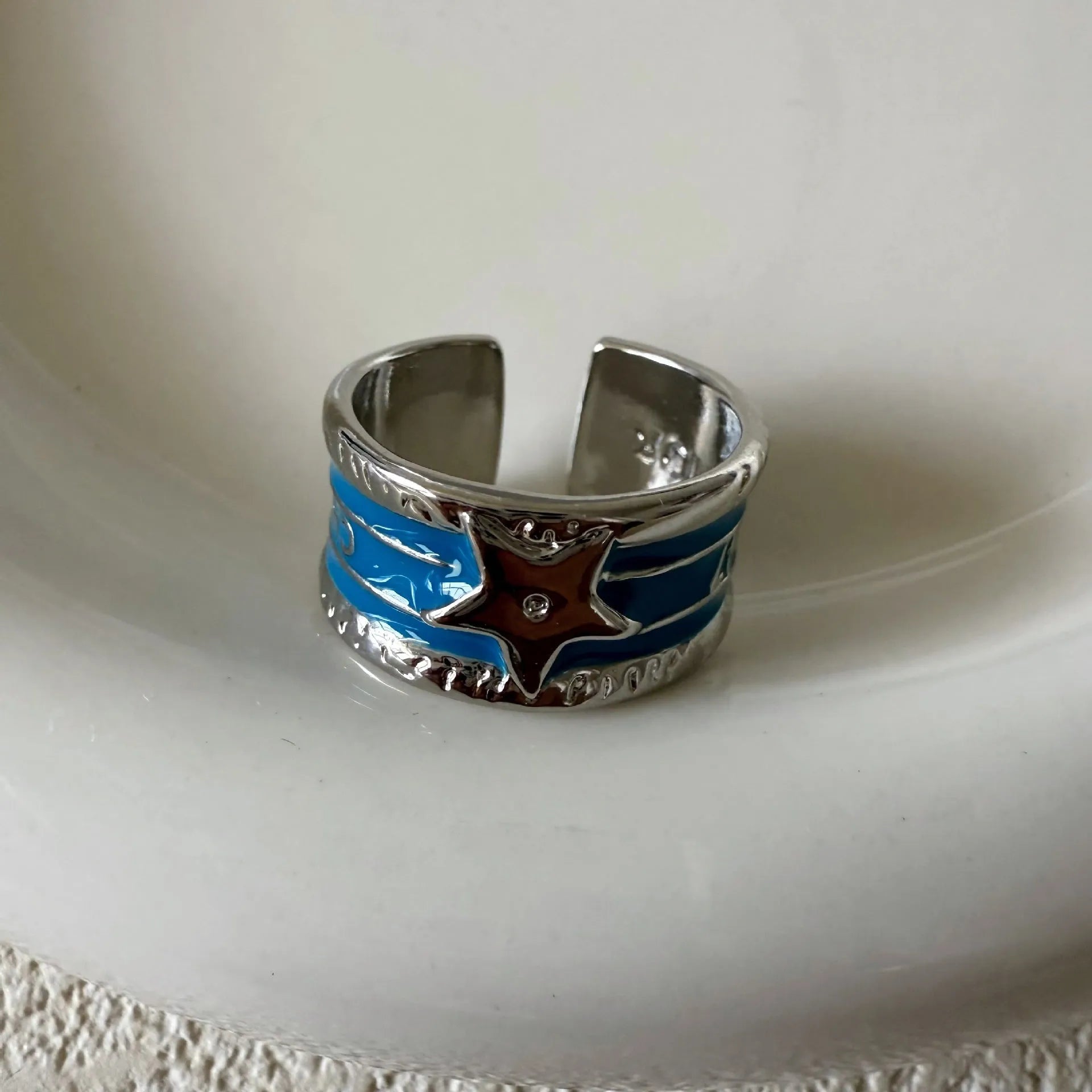 Adjustable geometric copper ring with distressed finish in four colour options