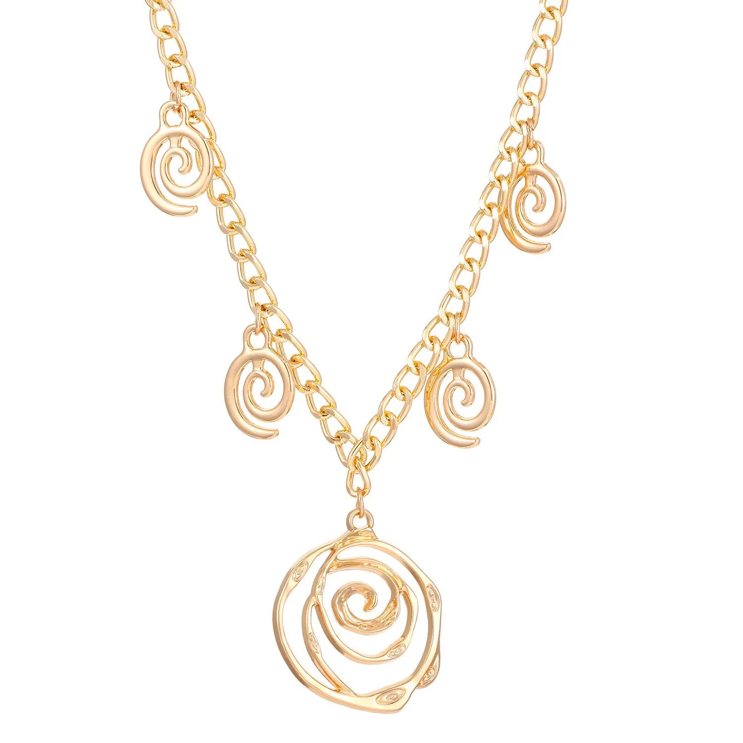 Women's spiral donut jewellery set showing necklace, bracelet and earrings in gold finish