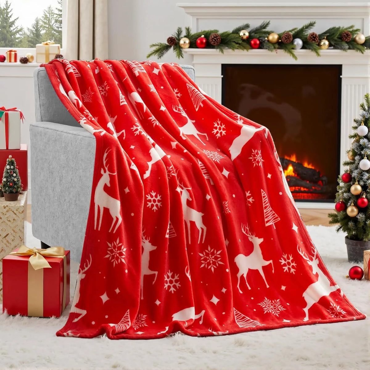 Soft polyester flannel Christmas blanket in American style with plush texture, showing available colour options