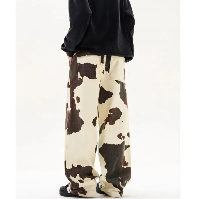 Men's straight-leg casual trousers with a retro cows pattern in 7698 cow colour.