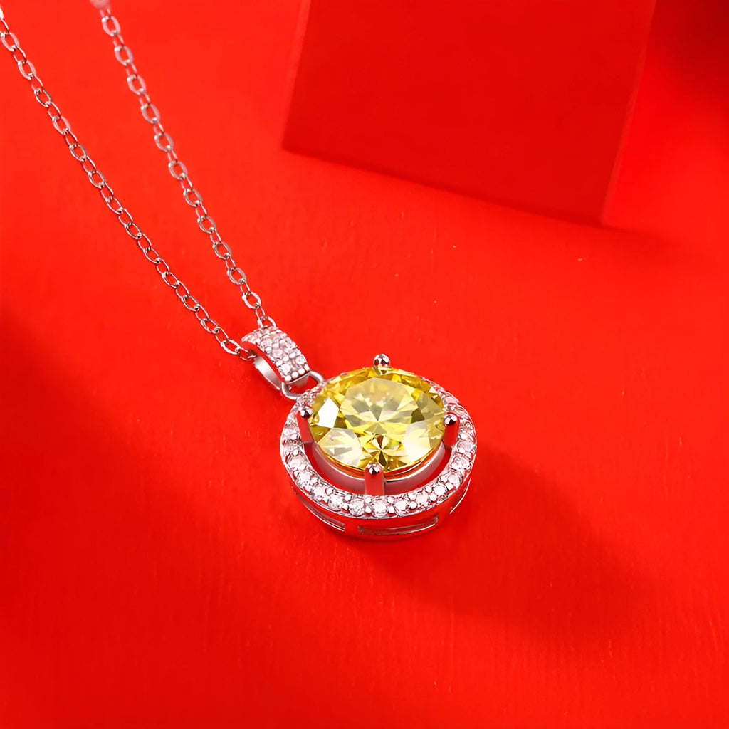 S925 silver round cake pendant necklace with golden yellow simulated moissanite in geometry design