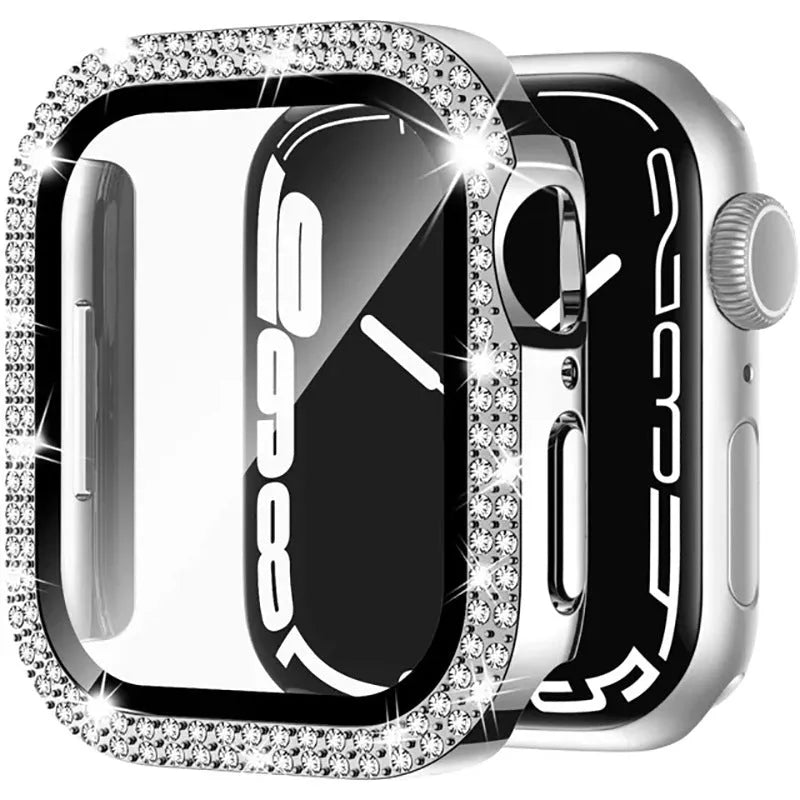 Apple Watch case with double diamond glass peep-proof screen protector in rose gold colour for a 44mm model.