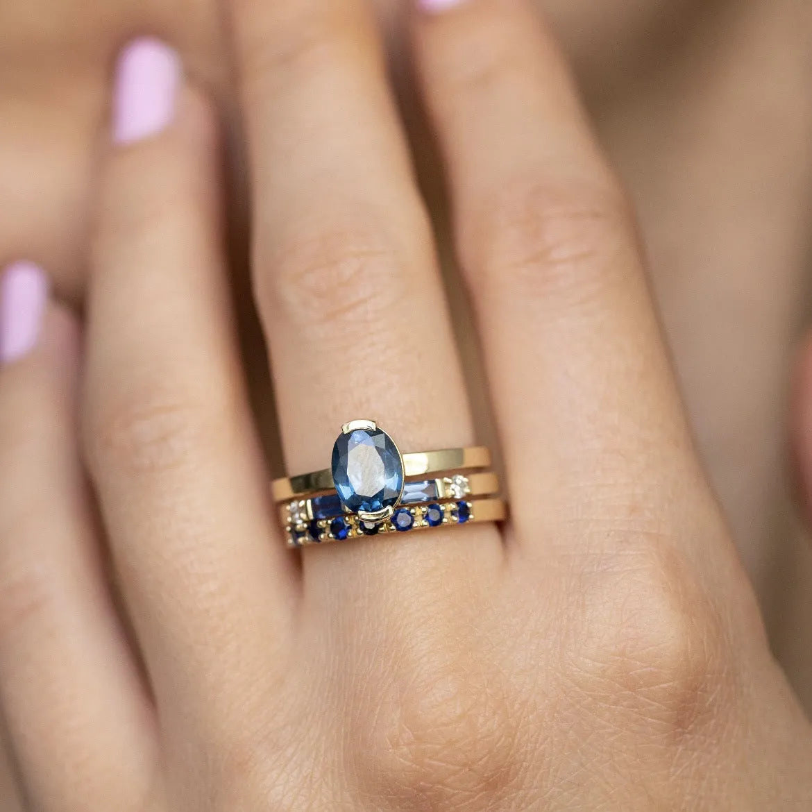 Gold tone three-piece women's ring set with inlaid topaz and geometric shape, sizes No.6 to No.10