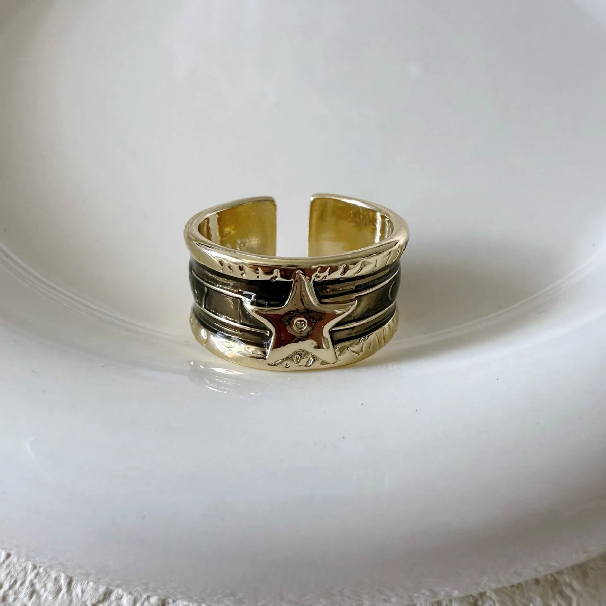 Adjustable geometric copper ring with distressed finish in four colour options
