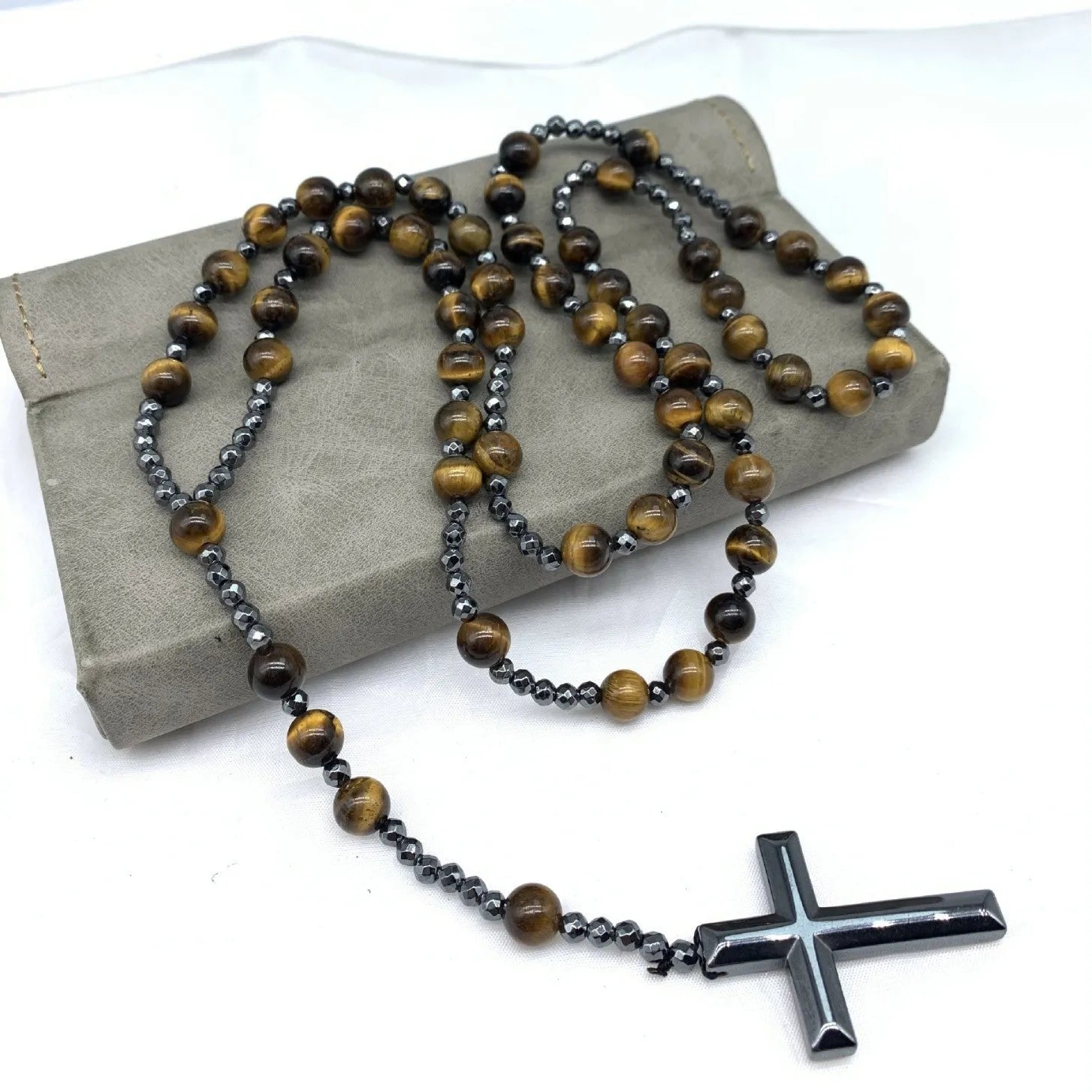 Men's stone cross pendant necklace on an 80cm ball bead chain with a safety lock.