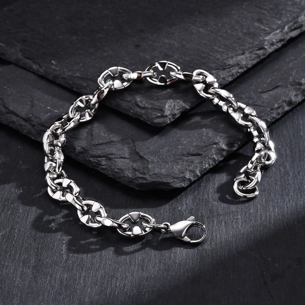 Men's stainless steel thick chain bracelet with geometric design and steel colour finish