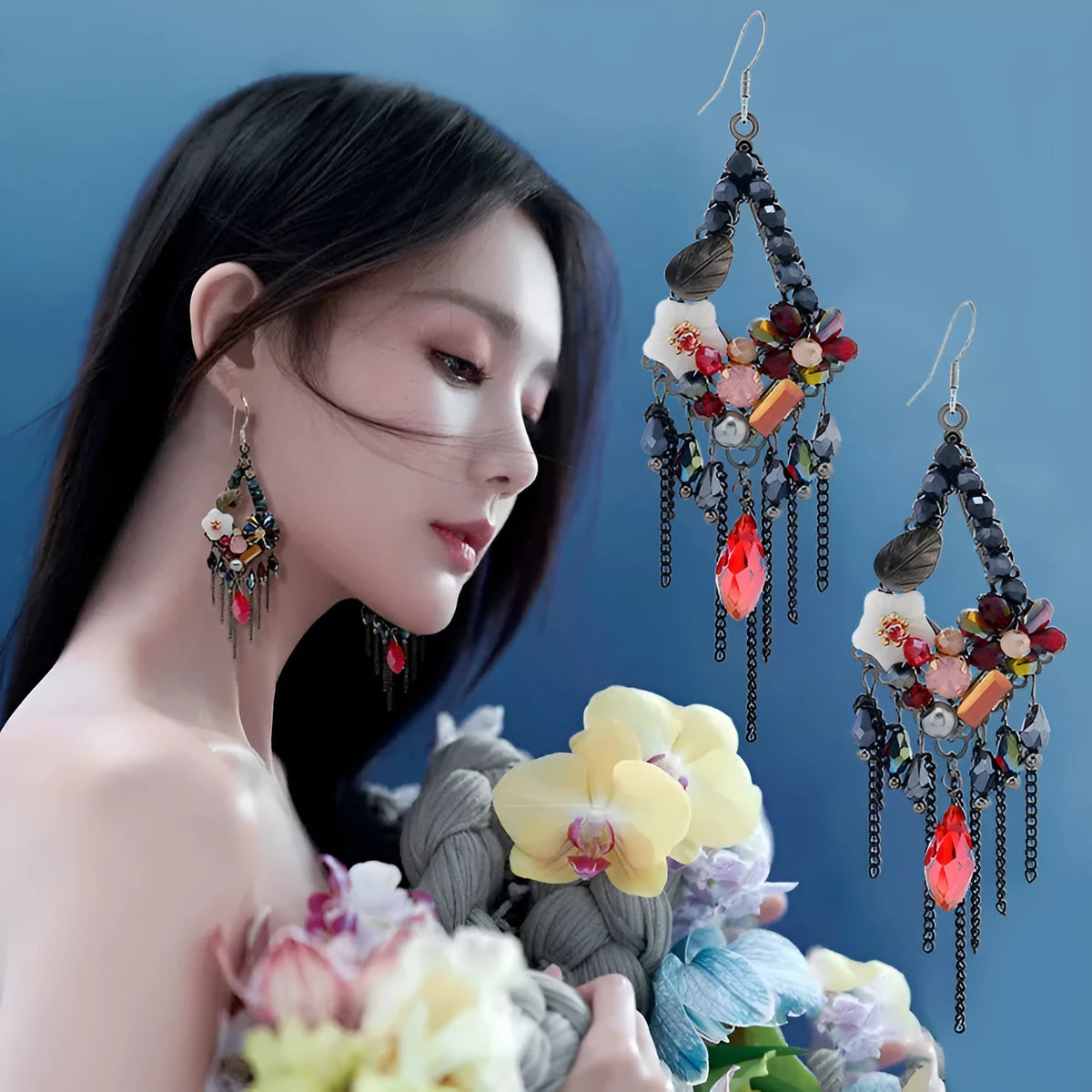 Hand-woven Bohemian diamond-shaped earrings in artificial crystal and alloy, available in three colours