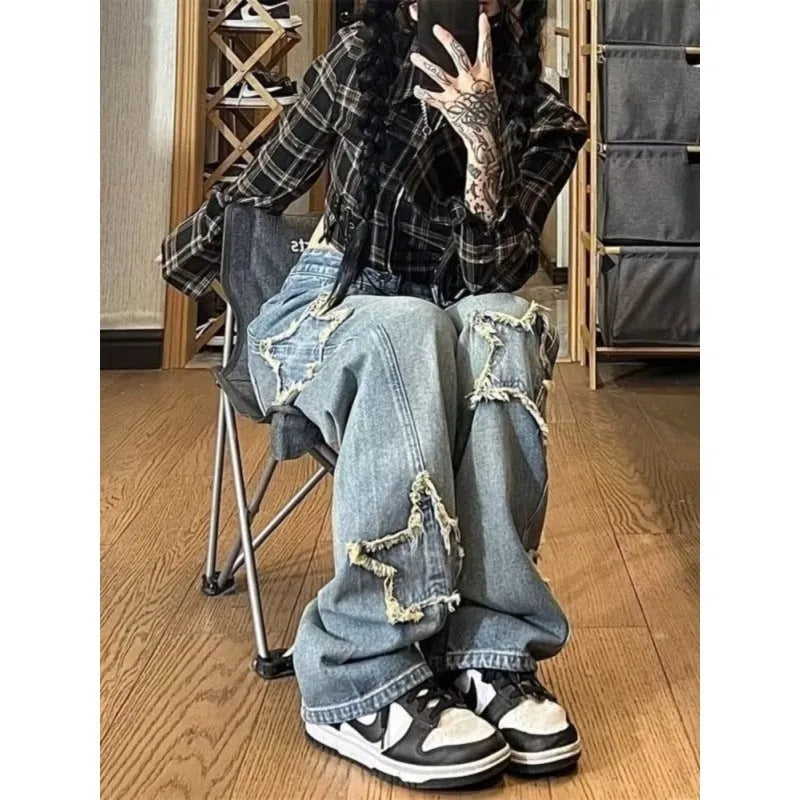 Women's blue straight-leg jeans with high waist and washed denim finish
