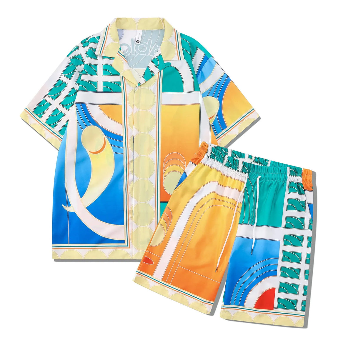 Plaid pattern beach outfit set with short sleeve shirt and matching shorts on mannequin