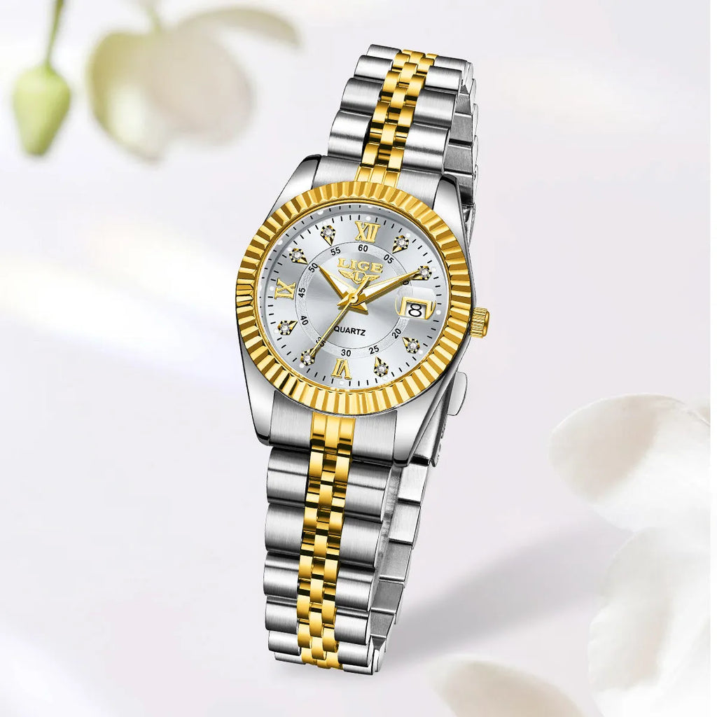 Women's waterproof fashion quartz watch in gold white colour with 10mm thickness.