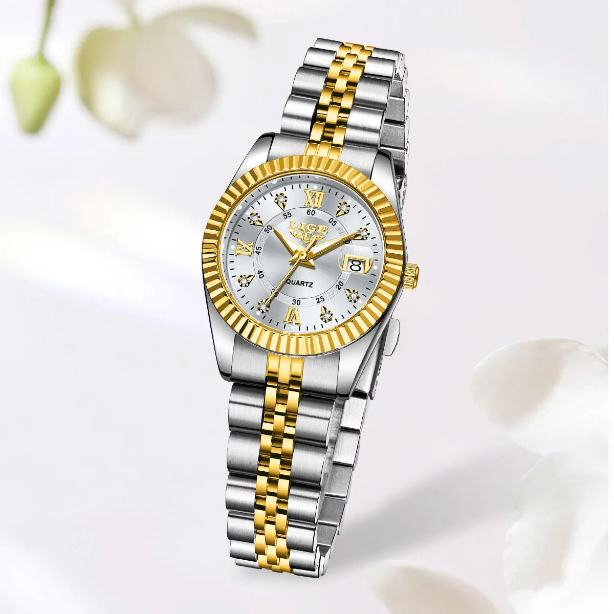 Women's waterproof fashion quartz watch in gold white colour with 10mm thickness.