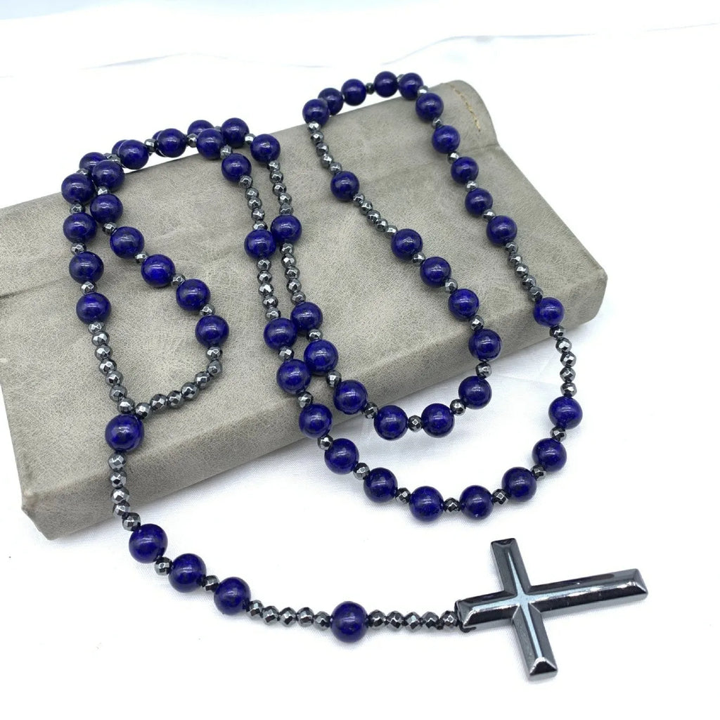 Men's stone cross pendant necklace on an 80cm ball bead chain with a safety lock.