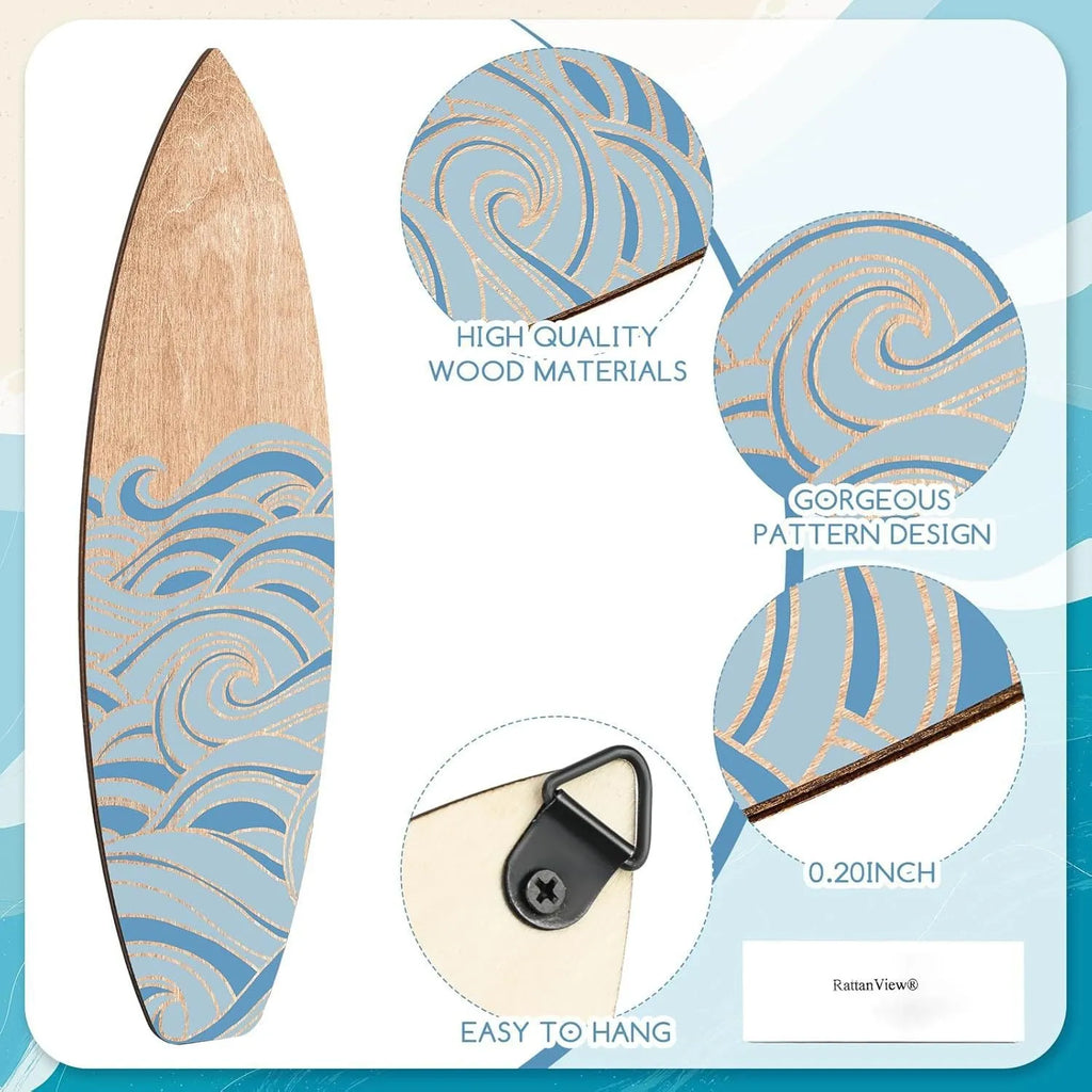 Three identical wooden surfboard shaped wall decorations on a white background