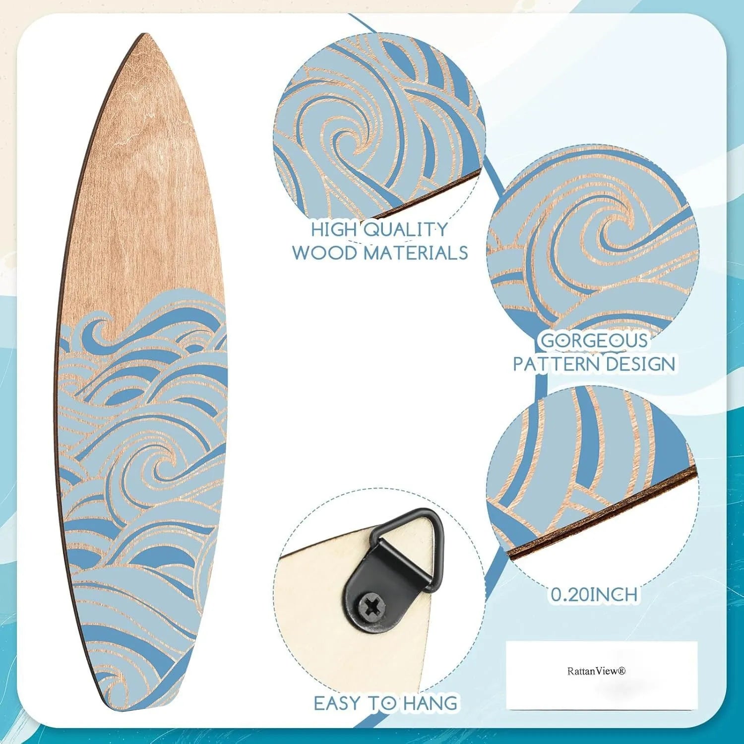 Three identical wooden surfboard shaped wall decorations on a white background