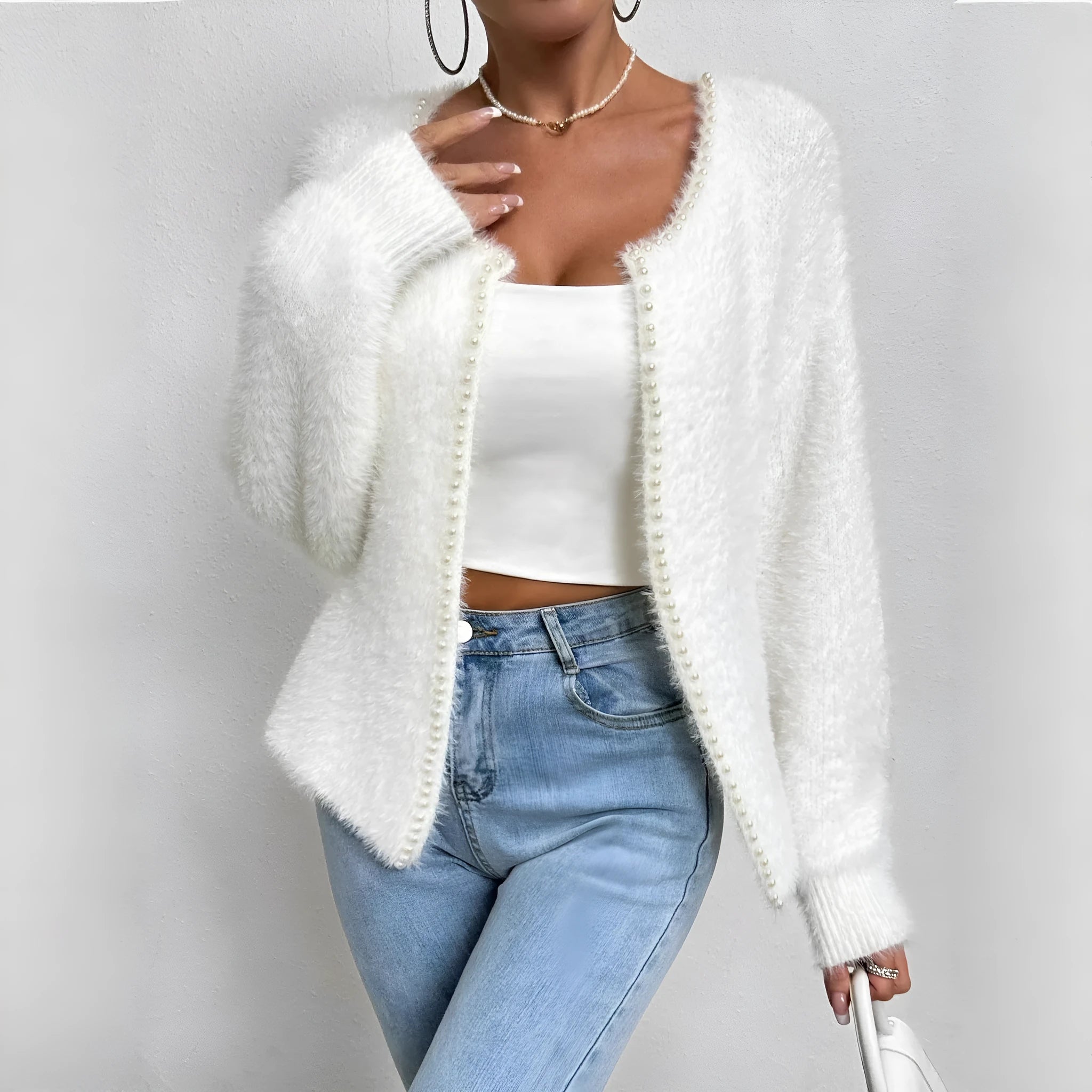 Women's white V-neck cardigan sweater in medium thickness polyester knitwear