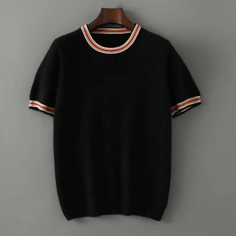 Men's short sleeve pure wool sweater in round neck pullover style, shown in grey