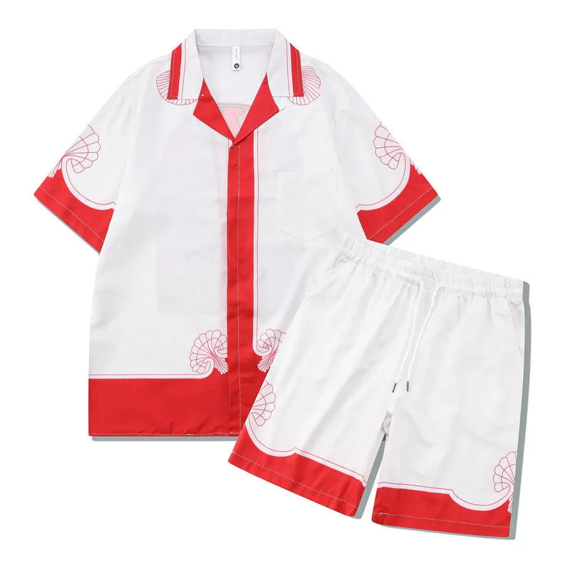 Plaid pattern beach outfit set with short sleeve shirt and matching shorts on mannequin